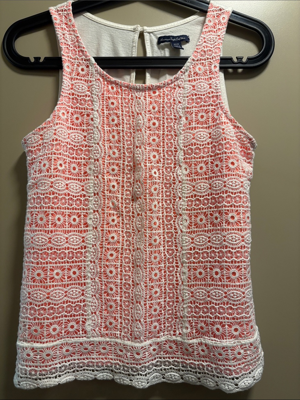 American Eagle Outfitters Coral and White Crochet Tank Top